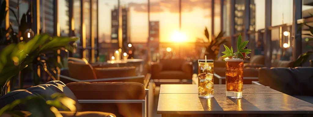 a bold, urban rooftop setting showcases a sophisticated cannabis lounge, featuring sleek furniture and vibrant, illuminated thc-infused drinks, all set against a striking sunset skyline.