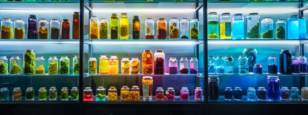 a contemporary urban dispensary showcases an array of vibrant, meticulously packaged cannabis products displayed on sleek glass shelves, illuminated by warm spotlighting that accentuates the colorful labels and textures.