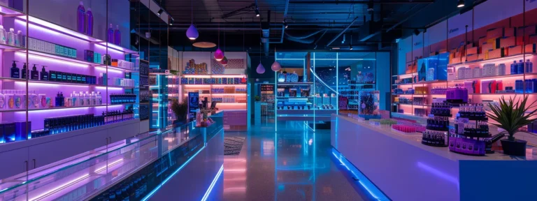 a futuristic, sleek urban dispensary interior showcases an array of colorful cannabis products elegantly displayed under vibrant neon lighting, emphasizing a modern, upscale shopping experience.