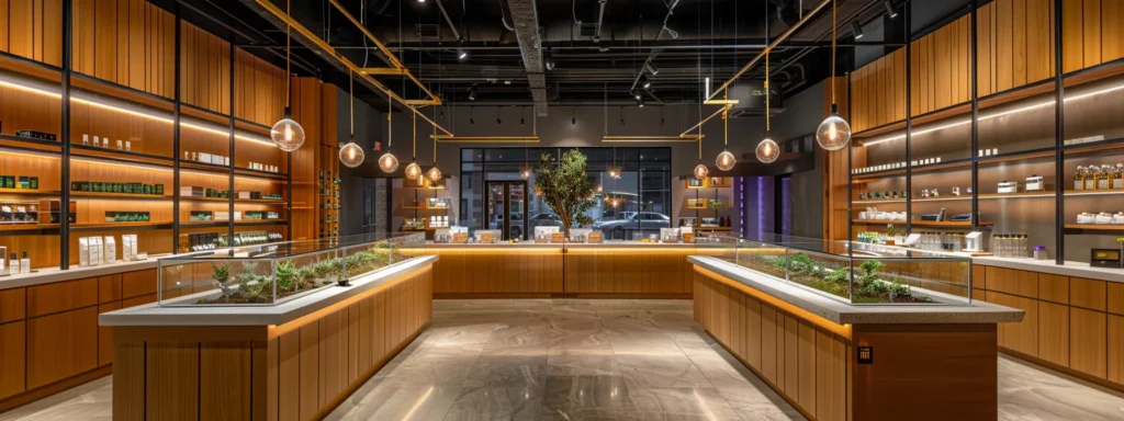 a modern cannabis dispensary interior showcases elegantly arranged glass containers filled with vibrant cannabis strains, illuminated by sleek pendant lights that create a welcoming and sophisticated ambiance.