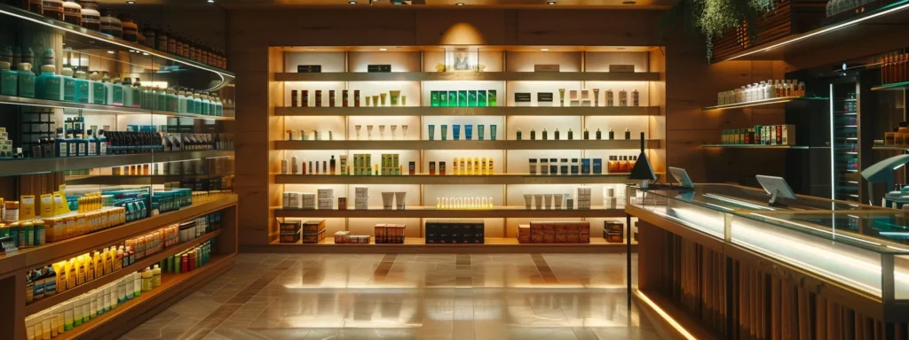 a modern cannabis dispensary interior, featuring sleek glass displays filled with vibrant cannabis products and organized shelves adorned with elegant packaging, all illuminated by warm, inviting lighting that highlights a contemporary urban ambiance.