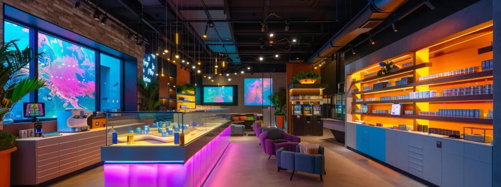 a modern, sleek cannabis dispensary interior featuring elegantly displayed cannabis products under dynamic, colorful led lighting that emphasizes their rich textures and vibrant colors.