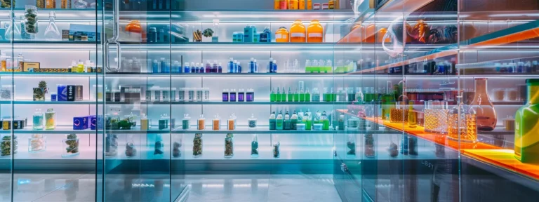 a modern, sleek cannabis dispensary interior showcases an array of colorful cannabis products artfully displayed on polished glass shelves, illuminated by warm ambient lighting that accentuates the vibrant textures and colors of the merchandise.