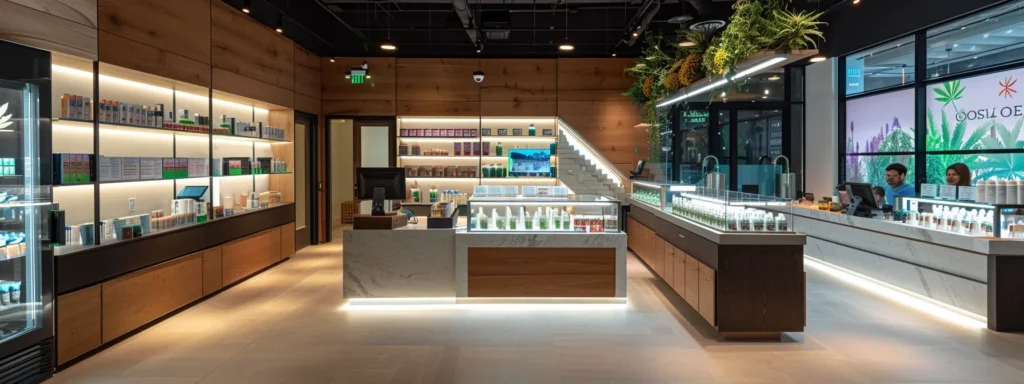 a modern, sleek dispensary interior showcases vibrant cannabis products neatly arranged on illuminated shelves, complemented by stylish decor that reflects a contemporary urban aesthetic.