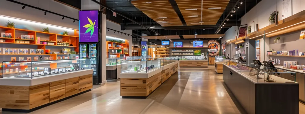 a modern urban cannabis dispensary showcases a sleek interior adorned with vibrant product displays and eye-catching branding, inviting customers to explore the diverse offerings of marijuana and thc.