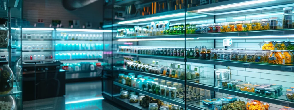 a sleek, modern cannabis dispensary interior showcases illuminated display cases filled with an array of vibrant thc products, emphasizing a sophisticated urban shopping experience.
