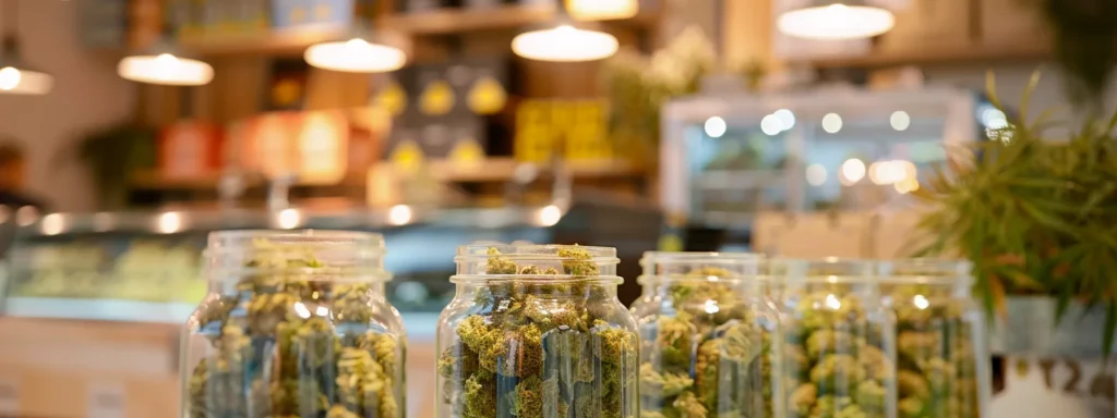a sleek, modern cannabis dispensary interior showcases colorful thc product displays under bright spotlighting, with a warm ambiance that invites customers to explore.