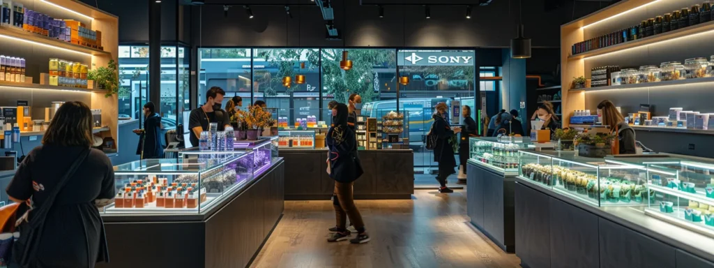 a sleek, modern cannabis dispensary bustling with customers, showcasing elegantly designed glass display cases filled with vibrant cannabis products under stylish led lighting.