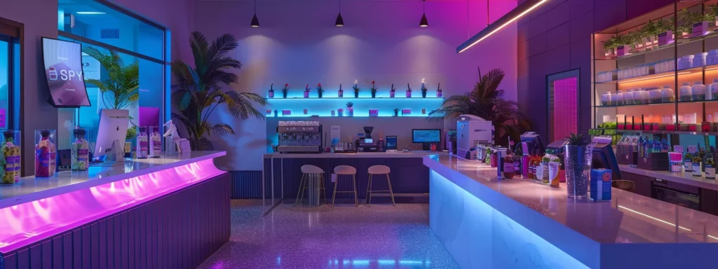 a sleek, modern cannabis dispensary interior showcases an array of vibrant marijuana products under dramatic overhead lighting, creating an inviting yet sophisticated atmosphere.