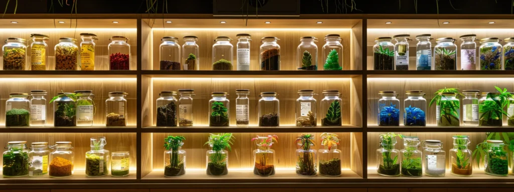 a sleek, modern cannabis dispensary interior glows under soft, ambient lighting, showcasing an array of beautifully arranged glass jars filled with vibrant, colorful cannabis strains and meticulously crafted products on polished wooden shelves.