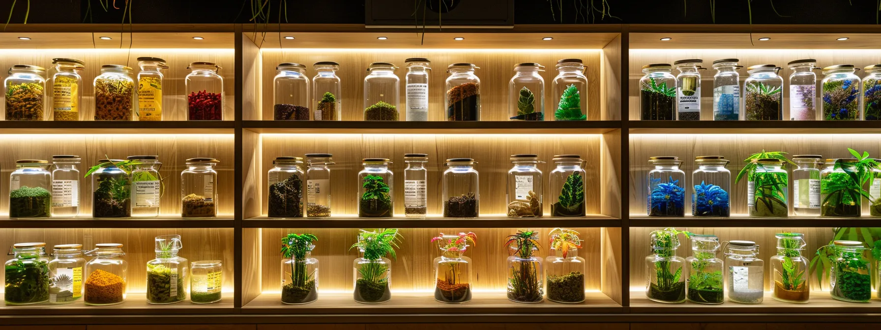 a sleek, modern cannabis dispensary interior glows under soft, ambient lighting, showcasing an array of beautifully arranged glass jars filled with vibrant, colorful cannabis strains and meticulously crafted products on polished wooden shelves.