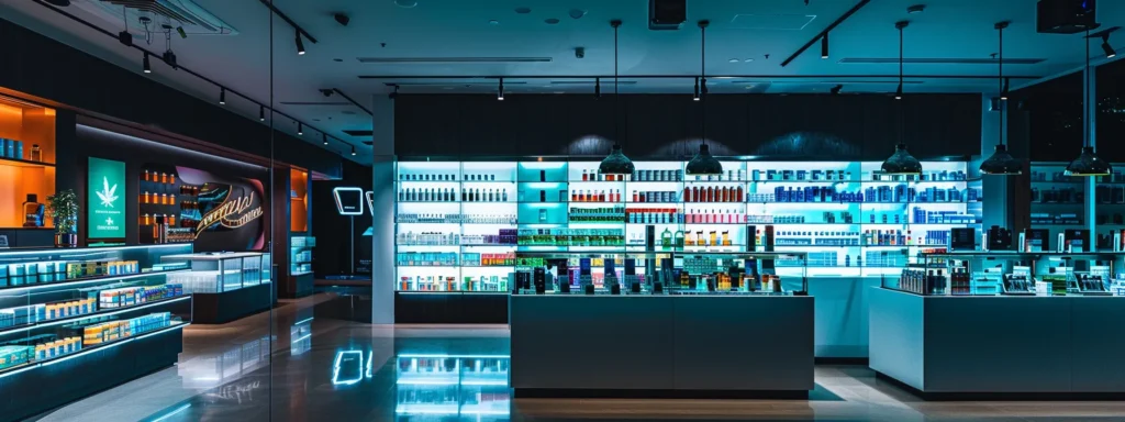 a sleek, modern cannabis dispensary interior, illuminated by vibrant neon accents, showcasing an array of meticulously arranged thc products on elegant glass shelves, inviting customers to explore the evolving landscape of cannabis culture.