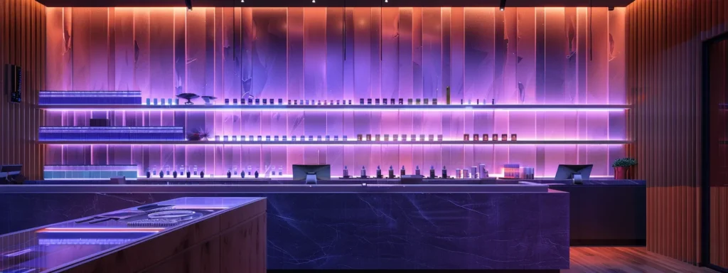 a sleek, modern cannabis dispensary interior, showcasing an array of meticulously arranged premium cannabis products beneath vibrant, artistic lighting that evokes a sense of sophistication and exploration.