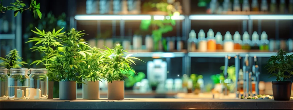 a sleek, modern cannabis dispensary interior showcases an array of meticulously displayed thc products under warm, ambient lighting, emphasizing a sophisticated atmosphere of wellness and choice.