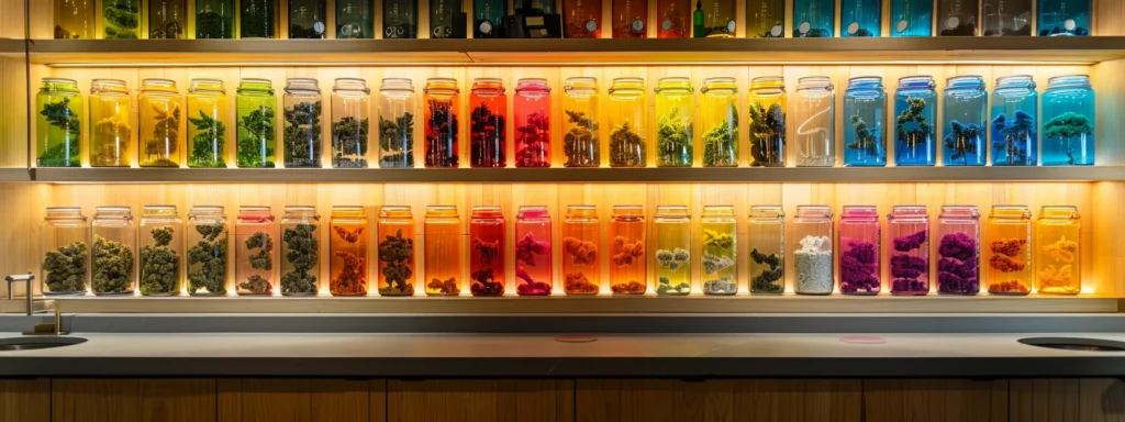 a sleek, modern cannabis dispensary interior features vibrant glass jars filled with colorful strains artfully arranged on polished wooden shelves, illuminated by chic, overhead lighting that casts a warm glow over the contemporary decor.