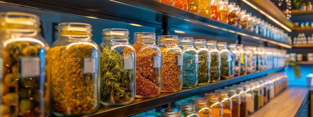 a sleek, modern cannabis dispensary showcases vibrant jars of thc-filled products under shimmering display lights, creating an inviting atmosphere for discerning customers.