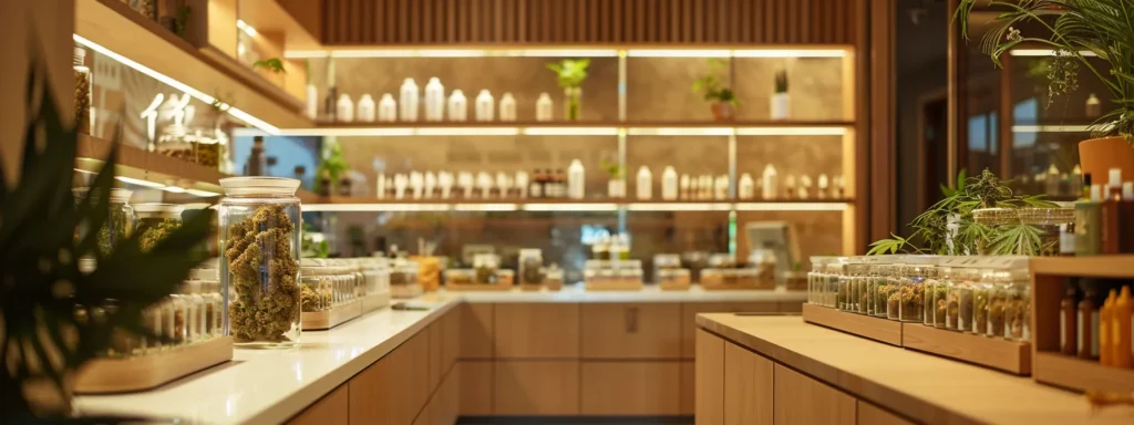 a sleek, modern cannabis dispensary interior, featuring elegantly displayed glass jars filled with vibrant strains of marijuana under soft, focused lighting, creating an inviting and sophisticated atmosphere for customers.