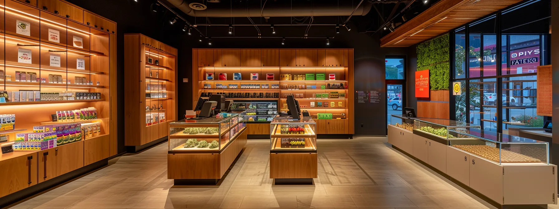 a sleek, modern dispensary interior features vibrant displays of various cannabis products under warm, inviting lighting, accentuating the rich colors and textures of the meticulously arranged merchandise.