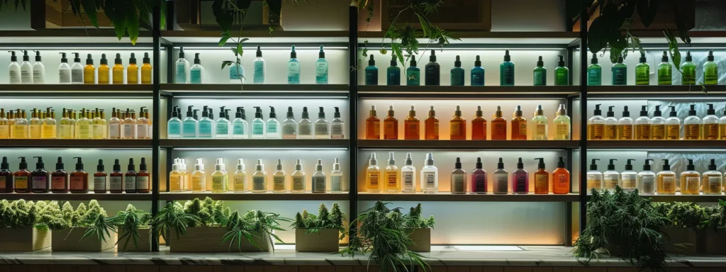 a sleek, modern dispensary interior showcases an inviting display of vibrant cannabis products under warm, focused lighting, inviting customers to explore the diverse range of colorful strains and products arranged neatly on polished wooden shelves.