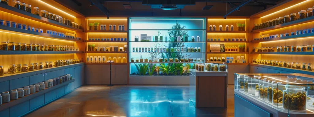 a sleek, modern dispensary interior features elegantly arranged jars of colorful cannabis strains under soft, warm lighting, highlighting the intricate textures and vibrant hues of the products.