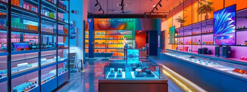 a sleek, modern dispensary interior showcases an array of intricately designed cannabis products displayed under bold, colorful lighting, emphasizing the sophisticated allure of marijuana culture.