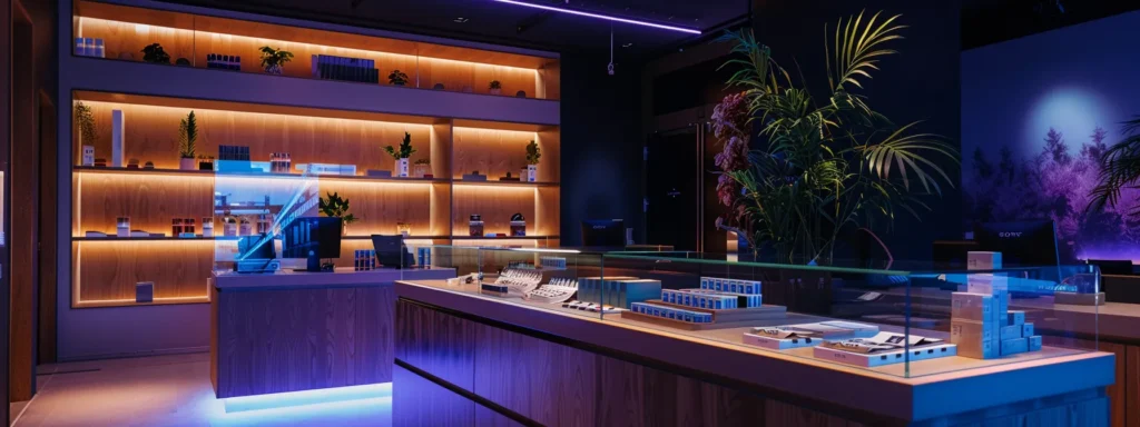 a sleek, modern dispensary interior showcases an elegant display of premium cannabis products under vibrant led lighting, creating an inviting and sophisticated atmosphere.