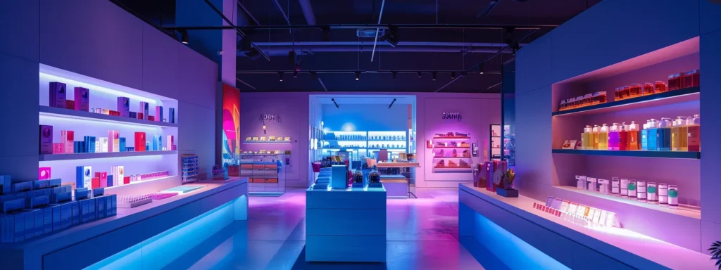 a sleek, modern urban cannabis dispensary interior showcases a vibrant array of neatly displayed cannabis products under soft, ambient lighting, emphasizing the sophisticated and welcoming atmosphere of the space.