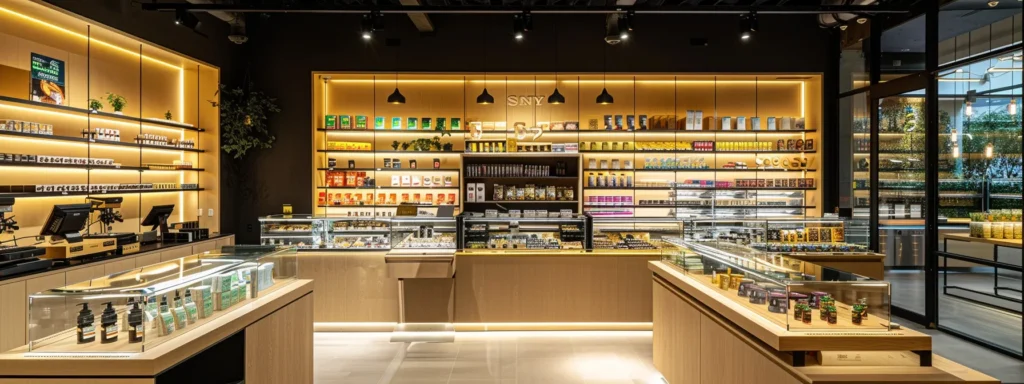 a sleek urban cannabis dispensary showcases an inviting interior with modern shelving displaying an array of meticulously packaged cannabis products under warm, ambient lighting.