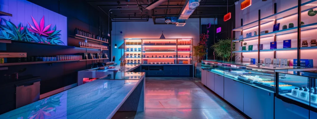 a sleek, urban cannabis dispensary interior, illuminated by vibrant neon signs and showcasing an array of premium thc products elegantly displayed on modern glass shelves.
