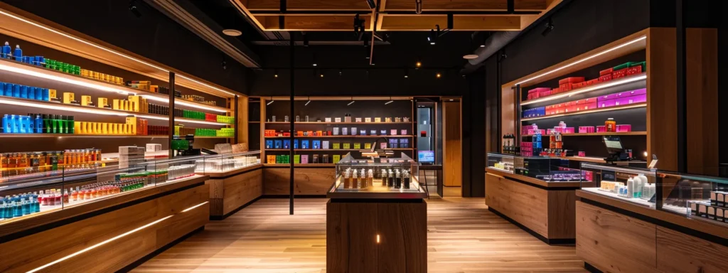 a striking close-up of a sleek, modern dispensary interior, featuring illuminated glass cases filled with colorful cannabis products against a polished dark wood backdrop, creating an inviting yet sophisticated atmosphere.
