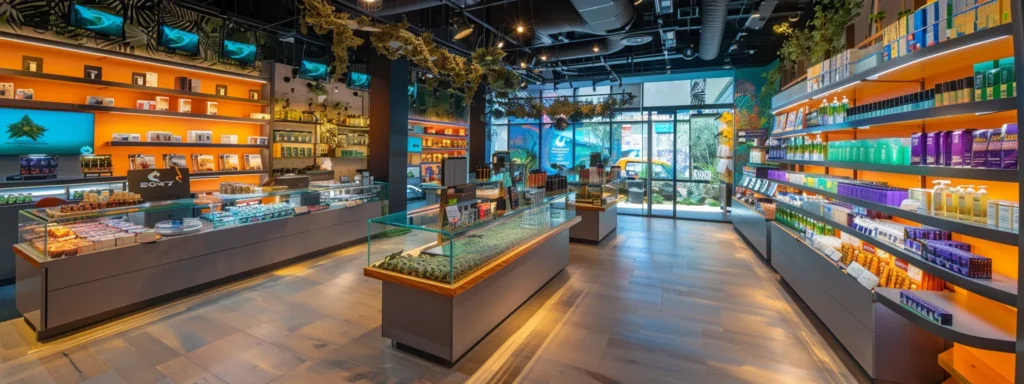 a vibrant and modern cannabis dispensary interior showcases an array of colorful cannabis products displayed on sleek glass shelves, illuminated by warm overhead lighting that enhances the inviting atmosphere for customers.