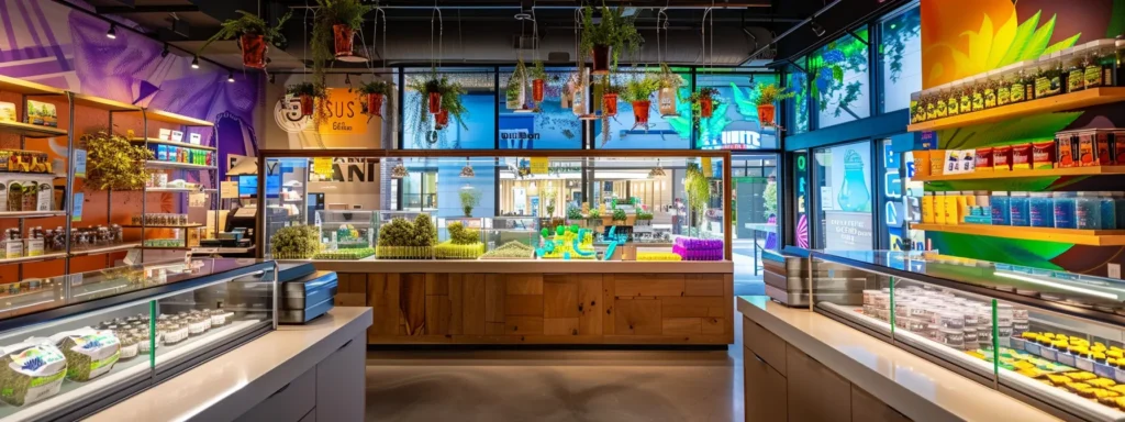 a vibrant cannabis dispensary interior featuring an inviting glass display filled with an array of colorful marijuana products, illuminated by sleek, modern lighting and adorned with contemporary decor, reflecting the essence of a thriving cannabis culture.