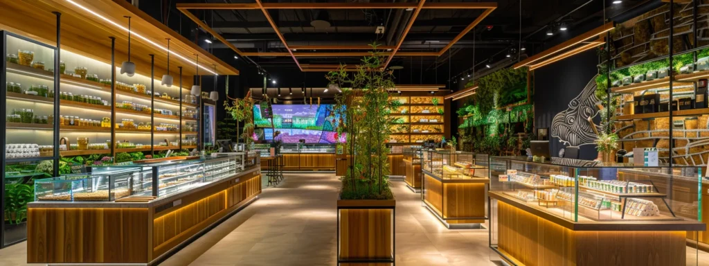 a vibrant, modern cannabis dispensary interior showcases an array of meticulously displayed thc products in sleek, illuminated glass cases, with a stylish urban ambiance accentuated by contemporary decor and ambient lighting.