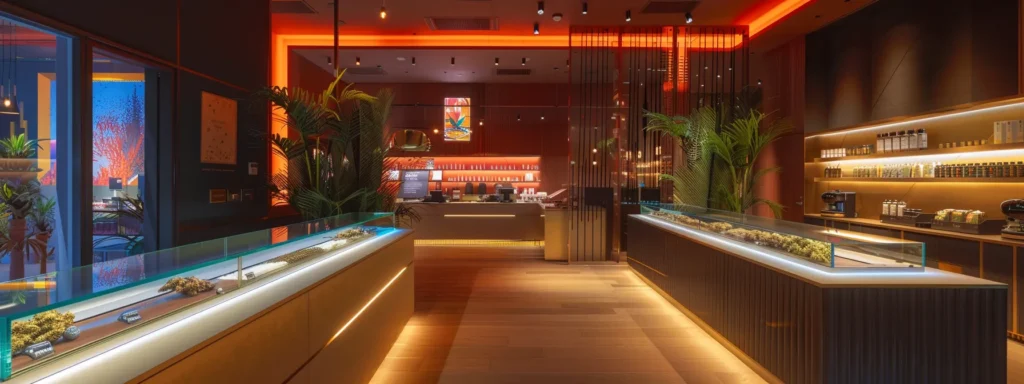 a vibrant, modern cannabis dispensary interior, featuring sleek display cases filled with various cannabis products, illuminated by warm, inviting lighting that highlights the contemporary decor and engaging atmosphere.