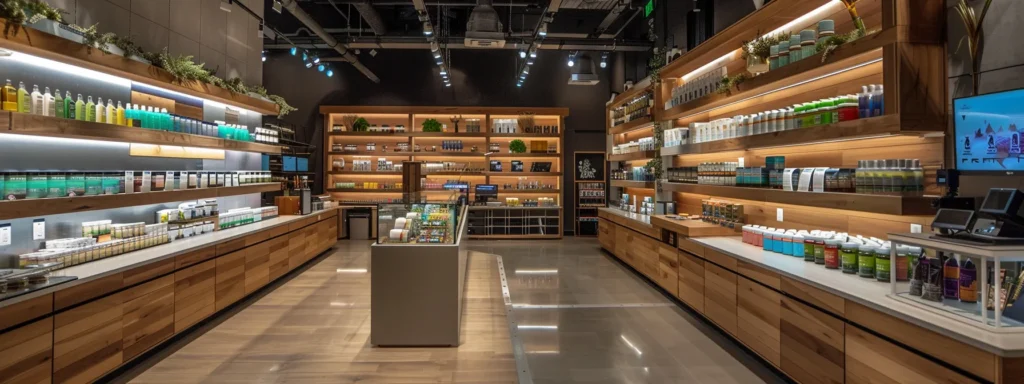 a vibrant, modern dispensary interior showcases organized shelves filled with various cannabis products, creating an inviting and informative atmosphere for customers exploring the world of marijuana and thc.