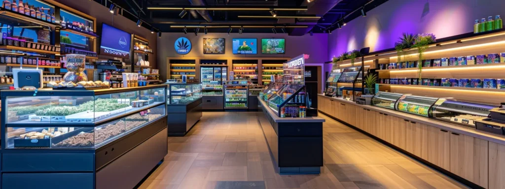 a vibrant, modern dispensary interior showcases an array of carefully arranged cannabis products, featuring sleek display cases and ambient lighting that highlights the unique textures and colors of the various strains.