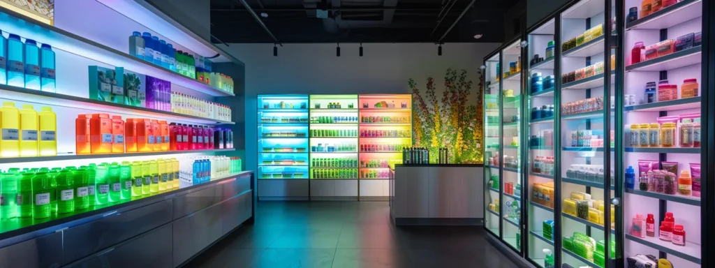 a vibrant, modern dispensary interior showcases an array of colorful cannabis products displayed on sleek shelves under soft, inviting lighting, creating a captivating shopping atmosphere.