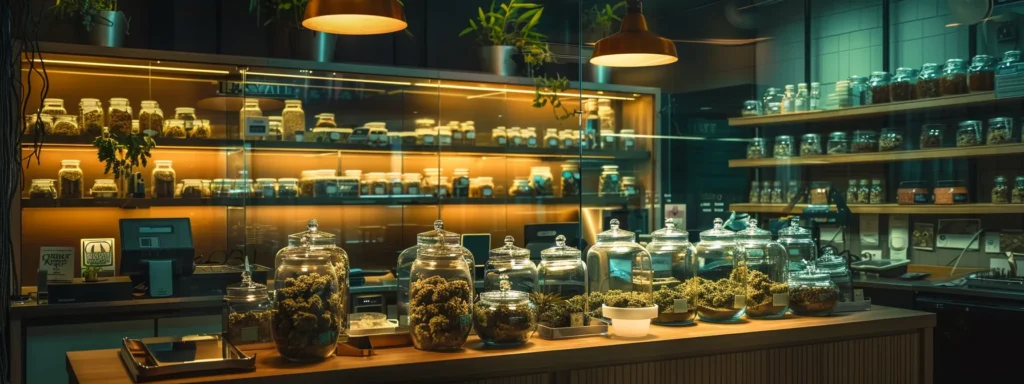 a vibrant, upscale cannabis dispensary interior showcases elegantly arranged glass jars filled with assorted marijuana strains, illuminated by sleek pendant lighting, creating a sophisticated yet inviting atmosphere for customers.