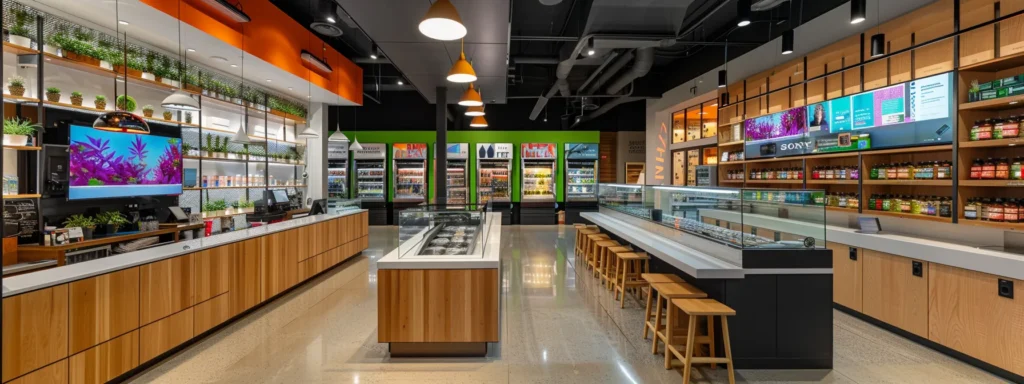 a vibrant urban cannabis dispensary showcases colorful product displays and sleek modern design elements, inviting customers into a dynamic atmosphere of innovation and wellness.