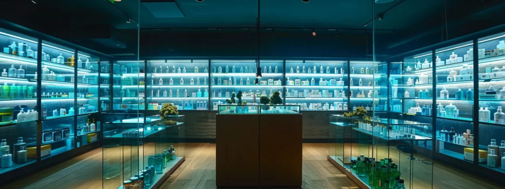 a vibrant urban cannabis dispensary interior showcases elegantly arranged glass displays filled with various thc products, illuminated by soft, contemporary lighting that emphasizes the sleek, modern design of the space.