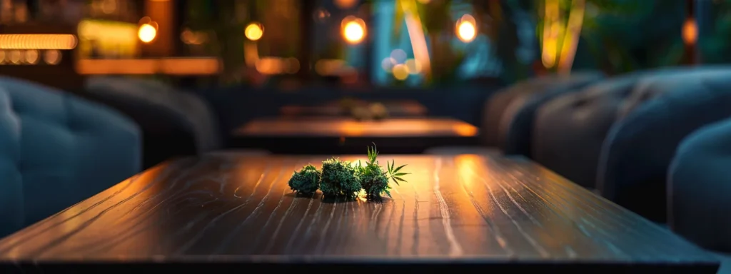 an enticing close-up of vibrant cannabis buds resting on a sleek, dark wooden table in a modern urban lounge, illuminated by soft, ambient lighting that highlights their rich colors and textures, creating an inviting and sophisticated atmosphere.