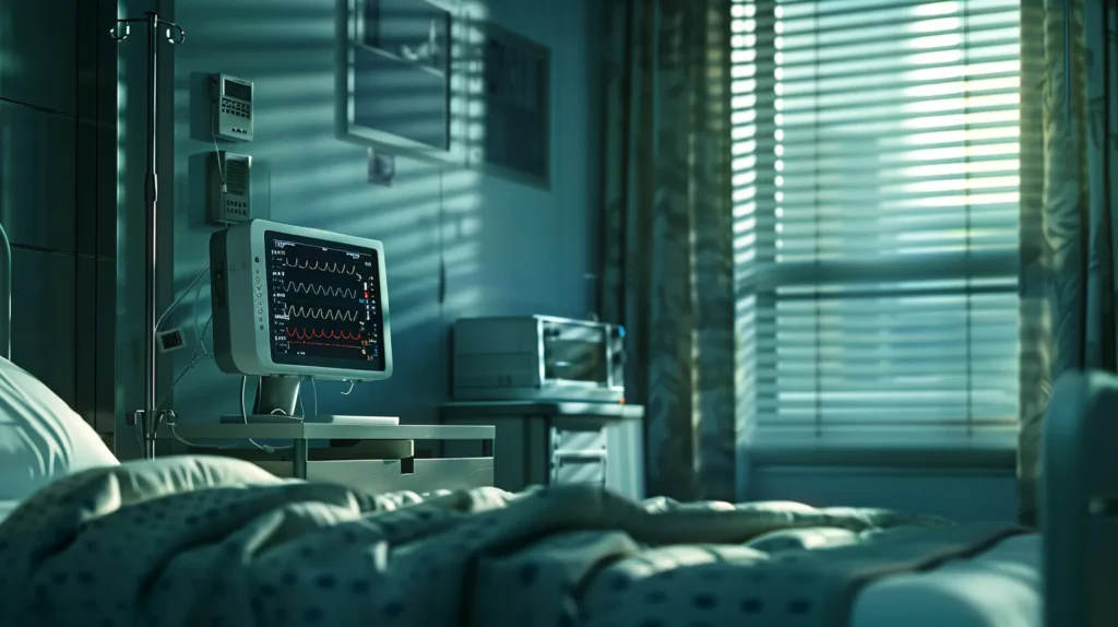 a dramatic close-up of an indoor clinical setting featuring a sleek, modern medical device displaying vital signs, emphasizing a high-tech warning about the health risks associated with delta 10 consumption.