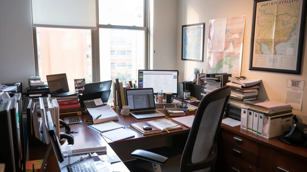 a focused office setting displays a sleek, modern desk cluttered with legal documents, laptops, and maps of the united states, symbolizing the complexities of navigating delta 10 thc legality across varying state regulations.
