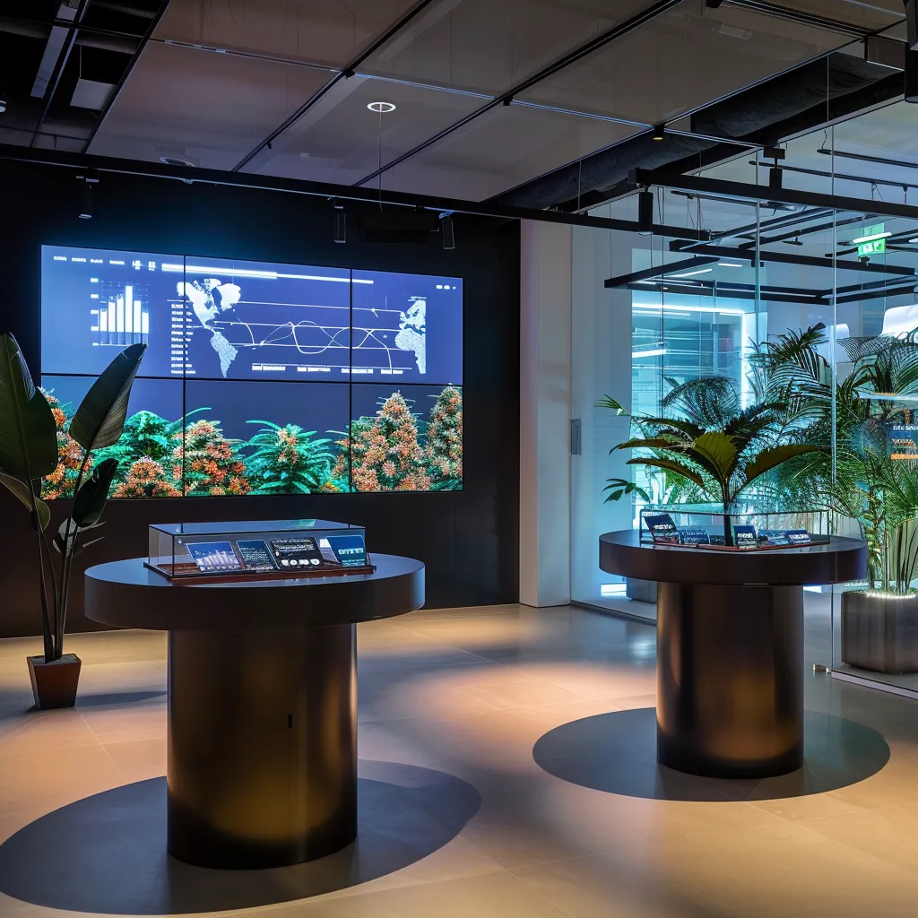 a modern office setting features two sleek podiums displaying high-tech devices, with dynamic infographics projected on a large screen behind them, illustrating the health effects of delta 9 and traditional cannabis in sharp, vibrant colors.