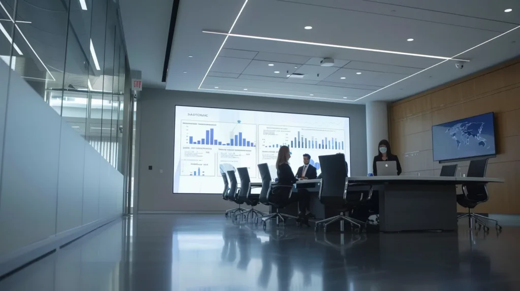 a modern office setting showcases a detailed infographic on a sleek digital screen, highlighting the safety profiles, potential side effects, and verification methods for delta 8 and delta 10 thc, with professionals engaged in discussion around a polished conference table.