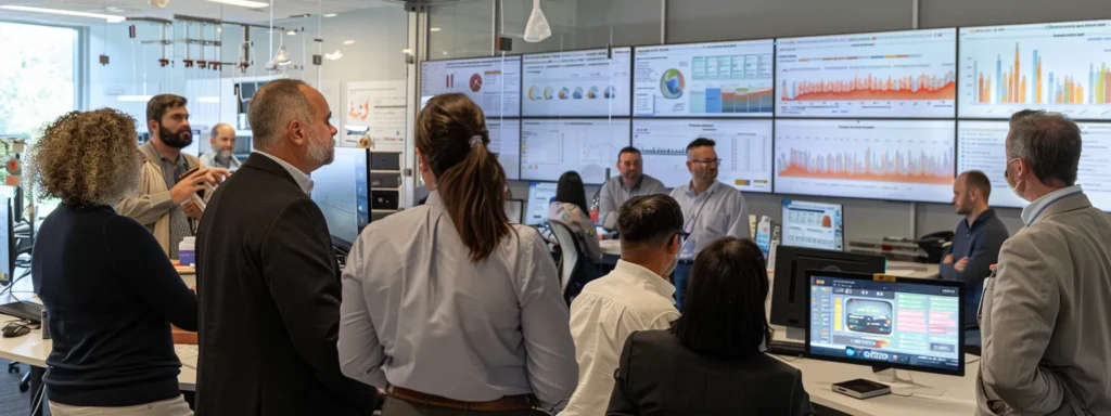 a modern, sleek office environment showcases a diverse group of professionals engaged in discussions about hydrogen-rich hhc products, with charts and digital displays highlighting pain management benefits and therapeutic potential in the background.
