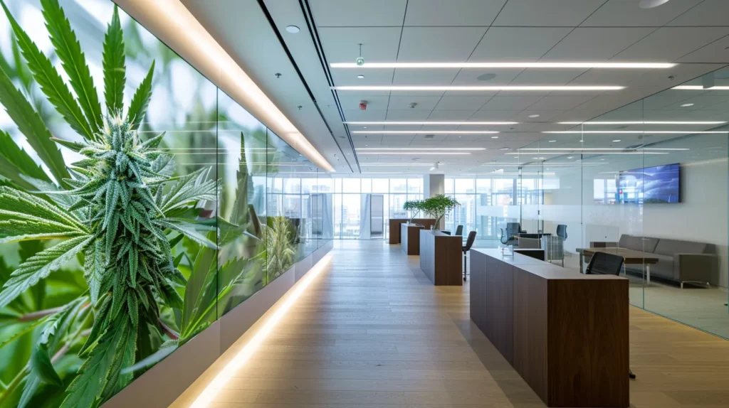a sleek and modern office space with bold graphics illustrating the benefits of delta 10 thc compared to delta 8, accentuated by dynamic lighting and an engaging layout that emphasizes innovation and clarity in cannabinoid education.