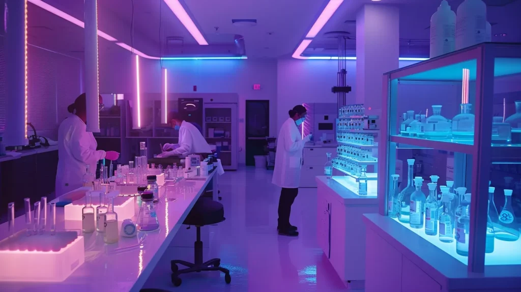a sleek, modern laboratory setting showcases scientists in white coats analyzing cannabinoid samples, with high-tech equipment illuminating the intricate processes that determine the onset times of delta 8, delta 9, and delta 10 cannabinoids.