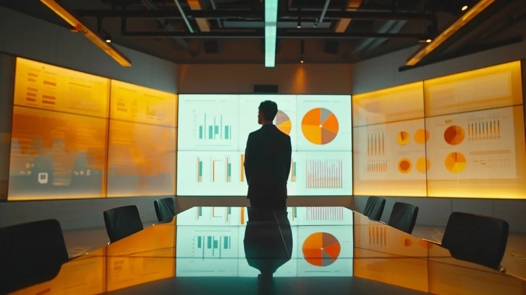 a sleek, modern office conference room features two prominent glass presentation screens displaying vibrant infographics contrasting delta 10 and delta 8 thc, with engaged professionals attentively discussing the distinct psychoactive effects and user experiences in a minimalist, sophisticated setting.