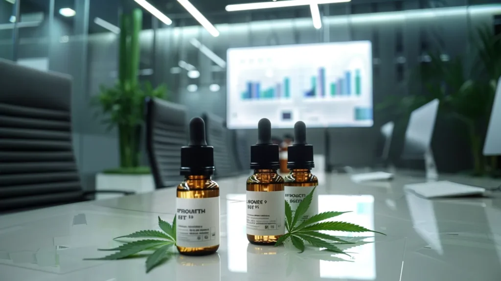 a sleek, modern office environment features a visually captivating display of three distinct thc extract bottles labeled delta 8, delta 9, and delta 10, arranged on a polished conference table, with a backdrop of a digital screen showcasing an infographic comparing their psychoactive effects.